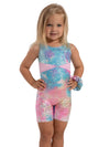 Front view of child wearing pastel unicorn disco biketard