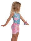 Child wearing pastel tie-dye biketard shown from side view