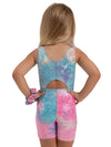 Back view of child wearing biketard with scoop back cutout