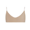 Beige clear back bra with low V-neckline and adjustable clear shoulder straps