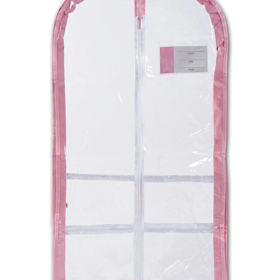 Clear full-length garment bag with pink trim and zipper closure for dance costumes and performance wear