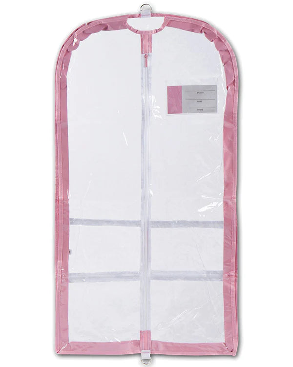 Clear full-length garment bag with pink trim and zipper closure for dance costumes and performance wear