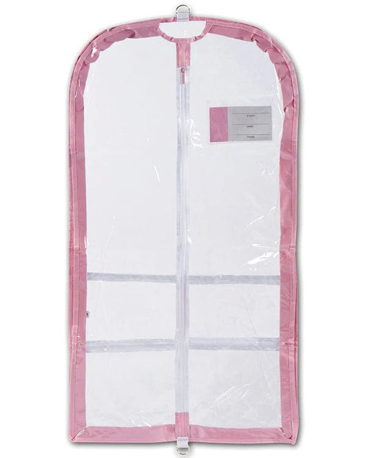 Clear full-length garment bag with pink trim and zipper closure for dance costumes and performance wear
