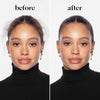 Before and after images of a model demonstrating sleek hair results