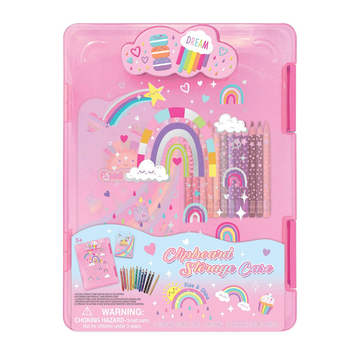 Pink plastic clipboard storage case with rainbow and unicorn illustrations, shown closed on a white background. The case contains decorated pencils and includes printed packaging graphics for clipboards and stickers.