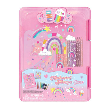 Pink plastic clipboard storage case with rainbow and unicorn illustrations, shown closed on a white background. The case contains decorated pencils and includes printed packaging graphics for clipboards and stickers.