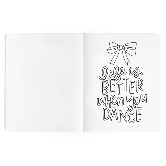 Dance Is Magic coloring book interior page with inspirational dance-themed lettering