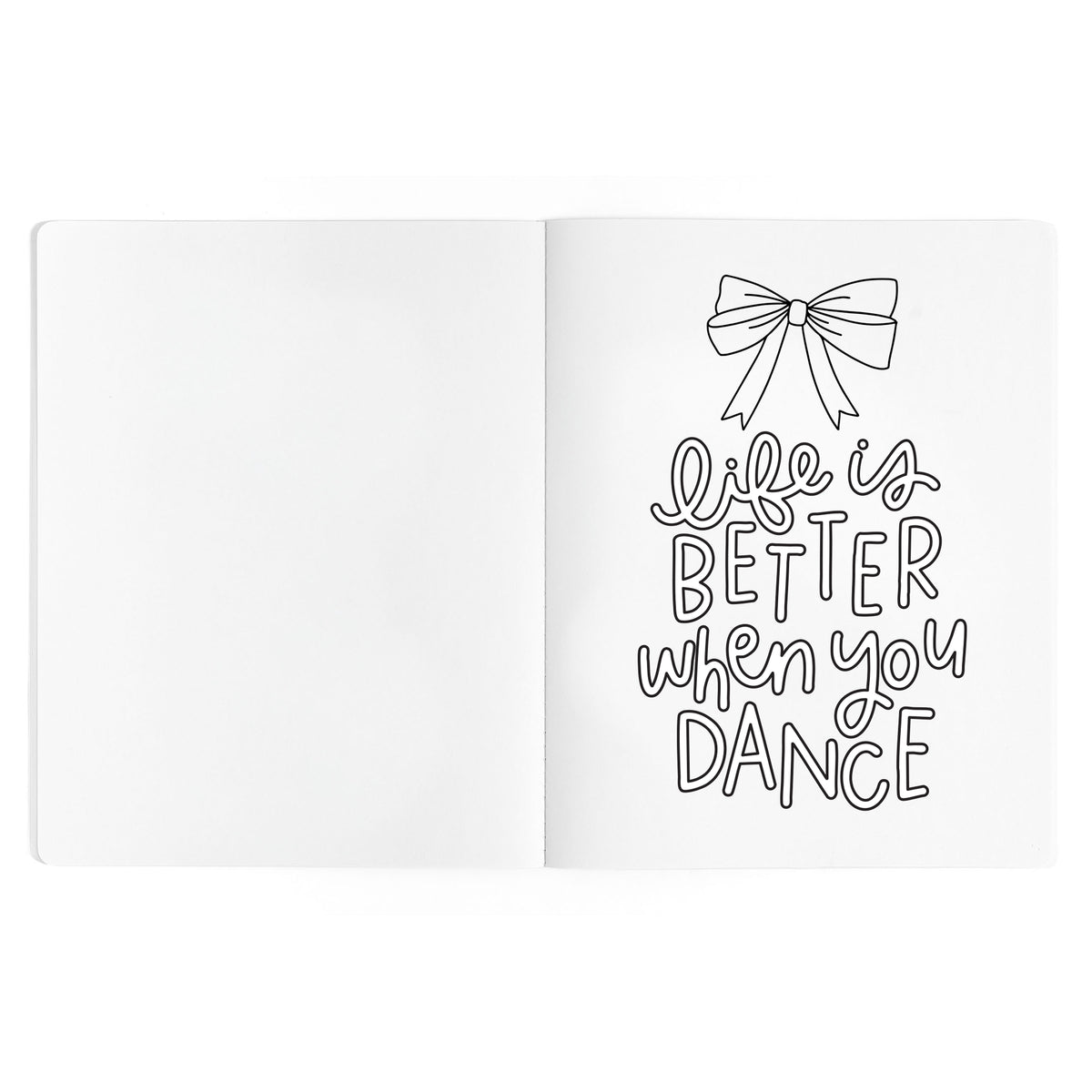 Dance Is Magic coloring book interior page with inspirational dance-themed lettering