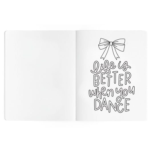 Dance Is Magic coloring book interior page with inspirational dance-themed lettering