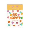 Be Happy enamel stud earrings displayed on colorful Studio Oh! backing card