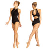 Front and side view of dancer wearing a black halter leotard showing silhouette
