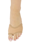 Tan neoprene half sole shoe showing secure fit over toes, front view.