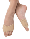 Tan neoprene half sole dance shoe with suede sole patch, side view on foot.