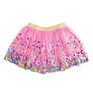 Sweet Wink Raspberry Confetti Tutu Skirt with bright pink tulle, colorful sequins, and gold glitter waistband