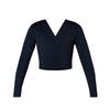 Black long sleeve crossover warm-up top, front view.