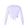 Lilac long sleeve crossover warm-up top, back view with tie closure.