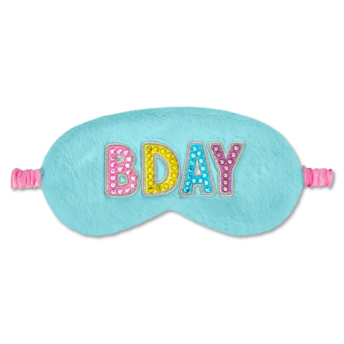 A light blue fuzzy sleep mask with elastic straps on both sides, featuring the word 'BDAY' spelled out in colorful rhinestone-embellished letters across the front, set against a plain white background.