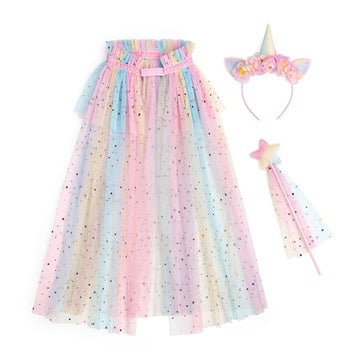 A pastel unicorn-themed costume set laid out on a white background, including a long tulle skirt with rainbow stripes and star confetti, a unicorn headband with floral ears, and a star wand with a matching tassel.
