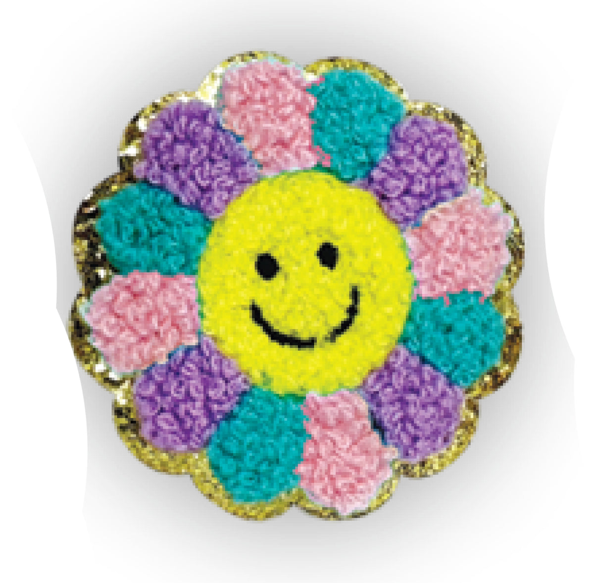 A round embroidered patch shaped like a flower with a yellow smiley face in the center and multicolored textured petals in pink, purple, and teal, outlined with a gold glittery border on a white background.