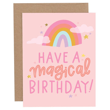 Pippi Post Have a Magical Rainbow Birthday greeting card with pastel rainbow, pink lettering, gold foil accents, and kraft envelope