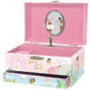 Open ballerina musical jewelry box showing interior storage space and standing ballerina figure.