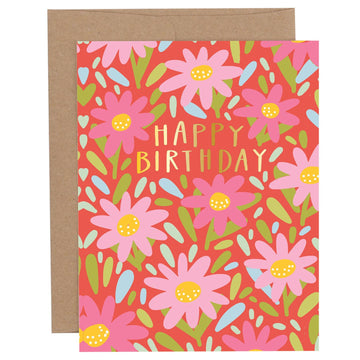 Pippi Post Happy Birthday Florals greeting card with colorful pink, coral, and yellow flowers and gold foil lettering