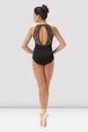 Adult dancer wearing black printed halter dance leotard, back view