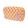 Orange checkered cosmetic bag with glitter lightning patch and zip closure