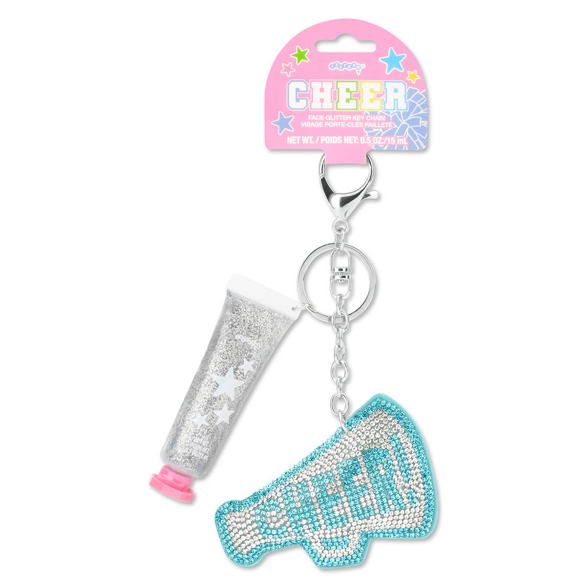 Keychain with glittery megaphone and 'CHEER' text on a white background