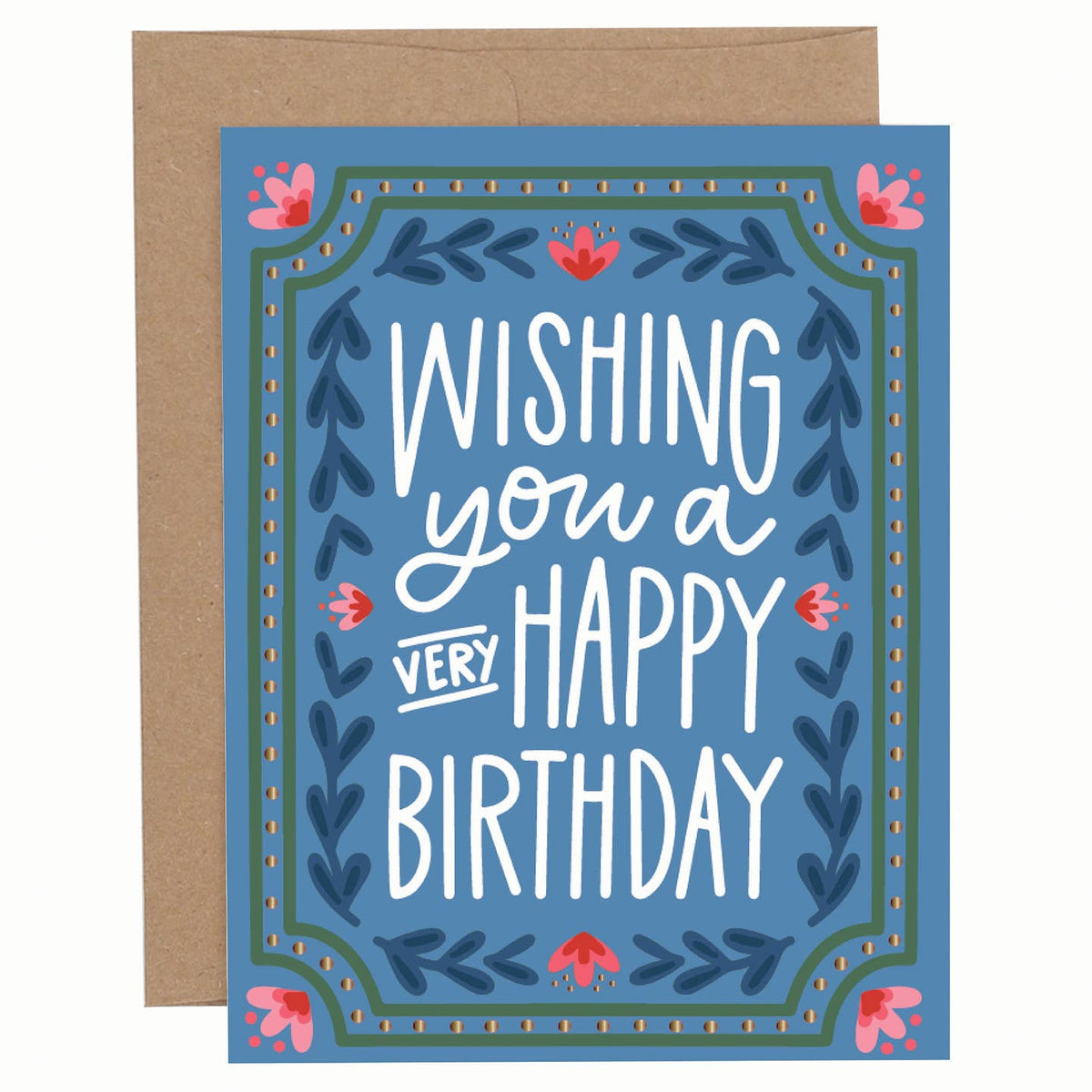Pippi Post Very Happy Birthday greeting card with dark blue background, decorative floral border, white hand-lettered message, and kraft envelope