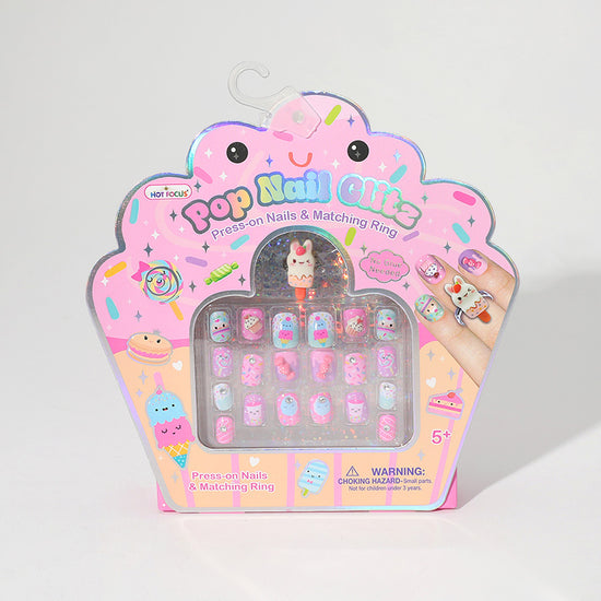 Hot Focus Sweets press-on nail set in colorful pink candy-inspired packaging