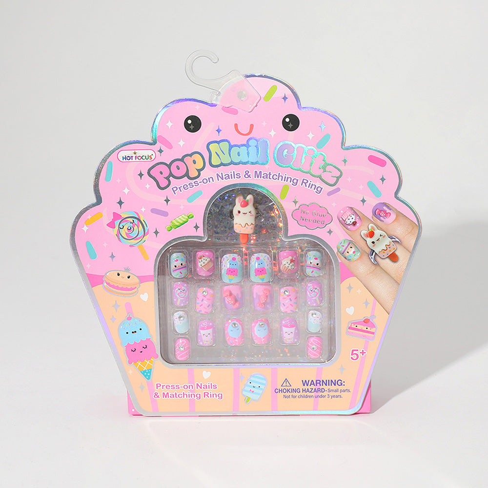 Hot Focus Sweets press-on nail set in colorful pink candy-inspired packaging
