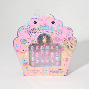 Hot Focus Sweets press-on nail set in colorful pink candy-inspired packaging
