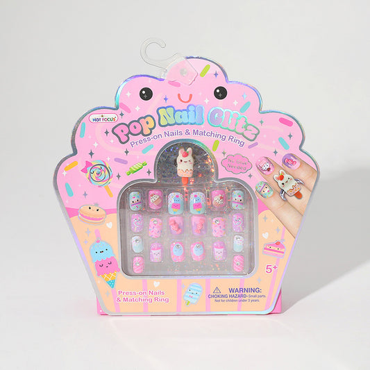 Hot Focus Sweets press-on nail set in colorful pink candy-inspired packaging