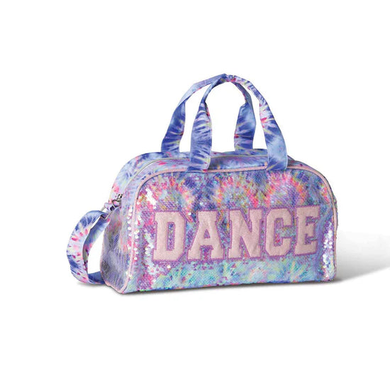 Pastel tie-dye sparkle dance duffel bag with “DANCE” lettering and shoulder strap