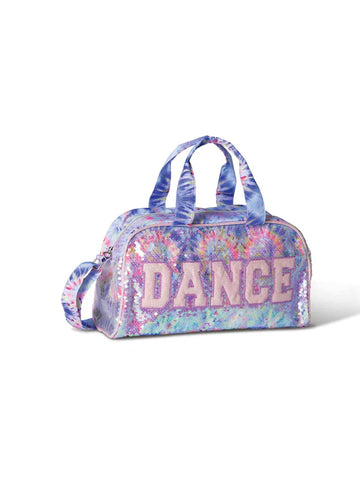 Pastel tie-dye sparkle dance duffel bag with “DANCE” lettering and shoulder strap