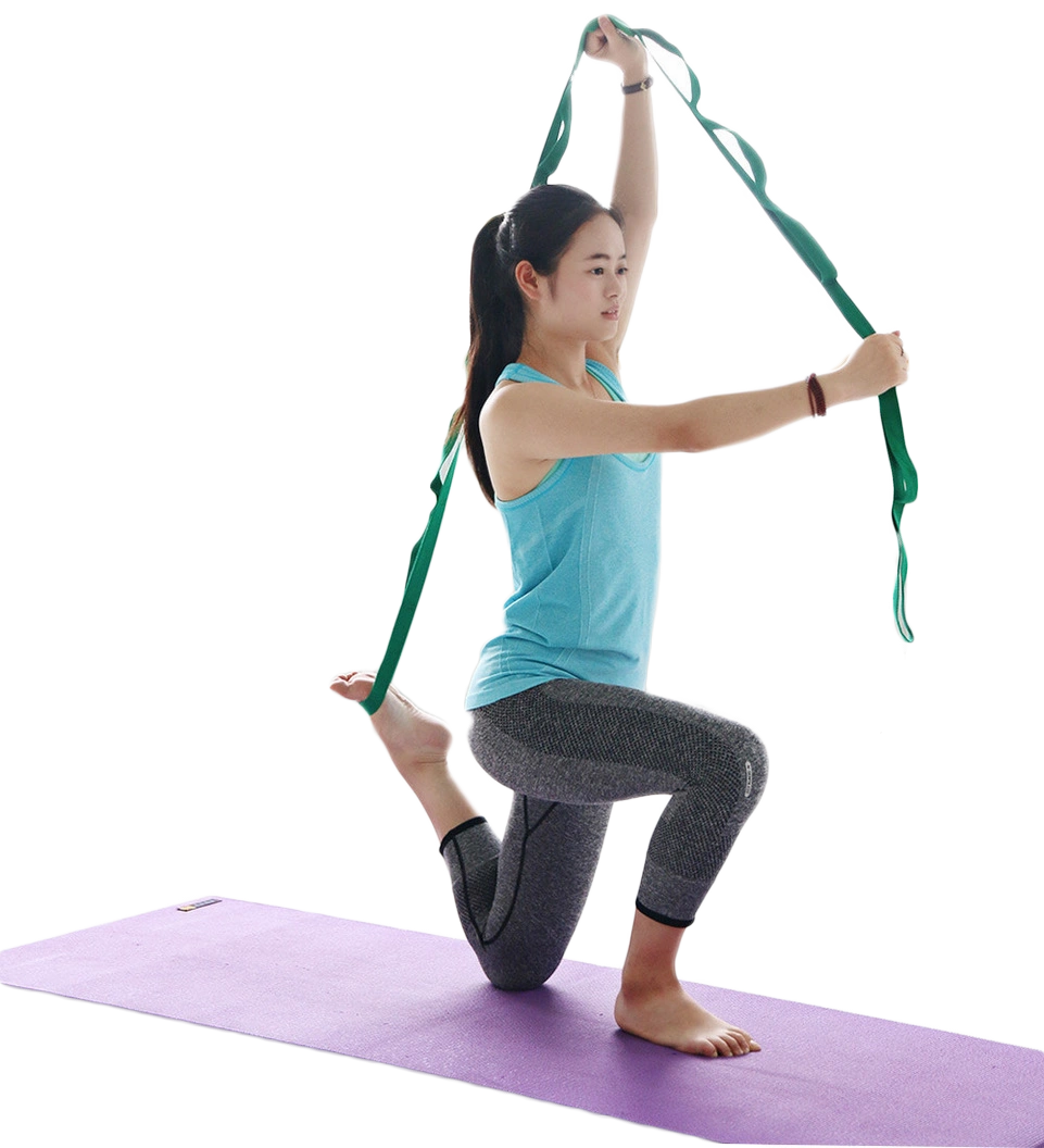 Person using multi-loop stretching strap for leg stretch