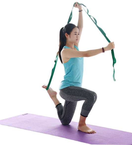 Person using multi-loop stretching strap for leg stretch