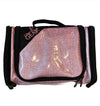Pink shimmer hanging cosmetics bag with black trim and Glam’r Gear logo on the front.