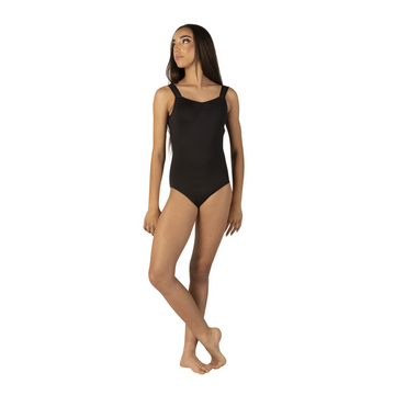 Danz N Motion adult black mesh tank leotard with pinch-front neckline