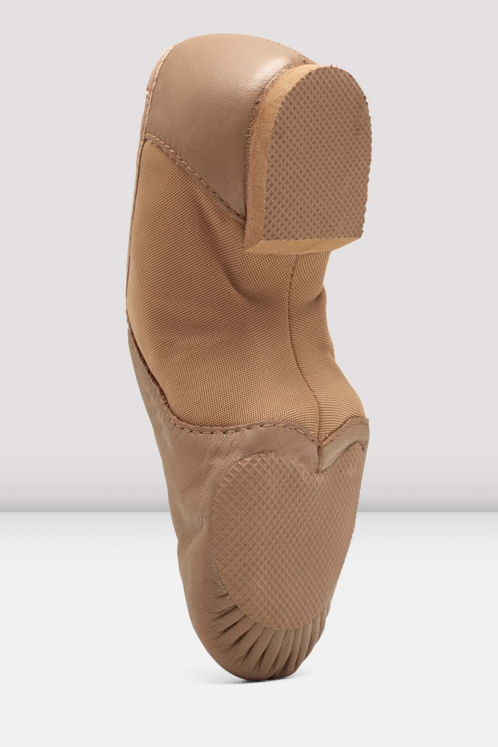 Back heel view of a tan slip-on leather jazz shoe.