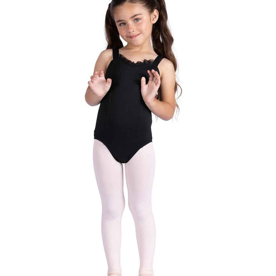 Danz N Motion Kaia black child leotard with mesh ruffle sweetheart neckline