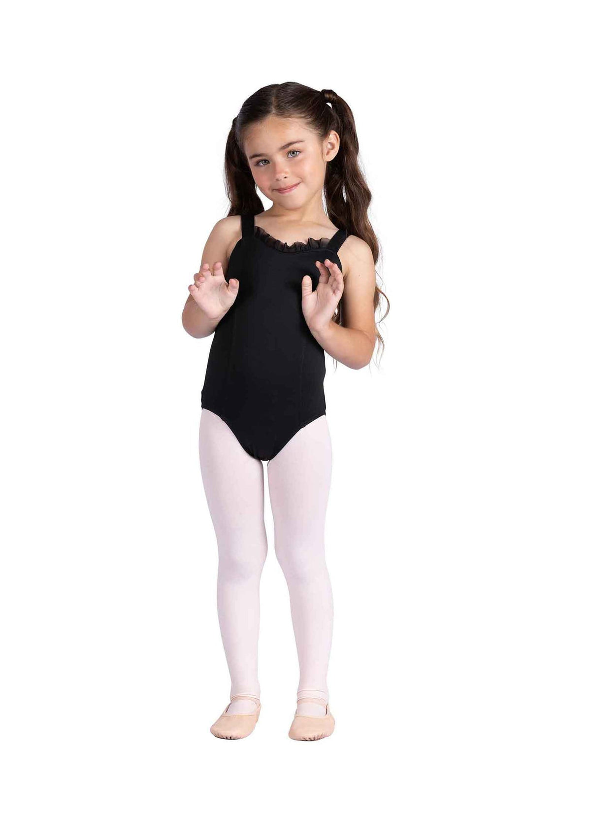 Danz N Motion Kaia black child leotard with mesh ruffle sweetheart neckline