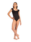Child model wearing a black sweetheart cap sleeve leotard with textured front bodice