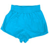Bright turquoise high-waisted dance shorts laid flat.
