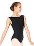 Black boatneck dance leotard worn by dancer, front view