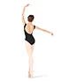 Dancer wearing black boatneck leotard posing with arm raised