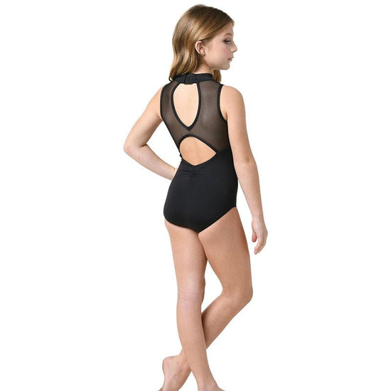 Child model wearing a black mock turtleneck leotard with sheer mesh back and double keyhole detail