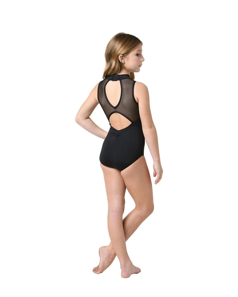 Child model wearing a black mock turtleneck leotard with sheer mesh back and double keyhole detail