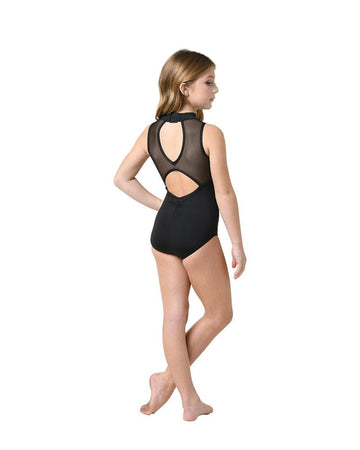 Child model wearing a black mock turtleneck leotard with sheer mesh back and double keyhole detail